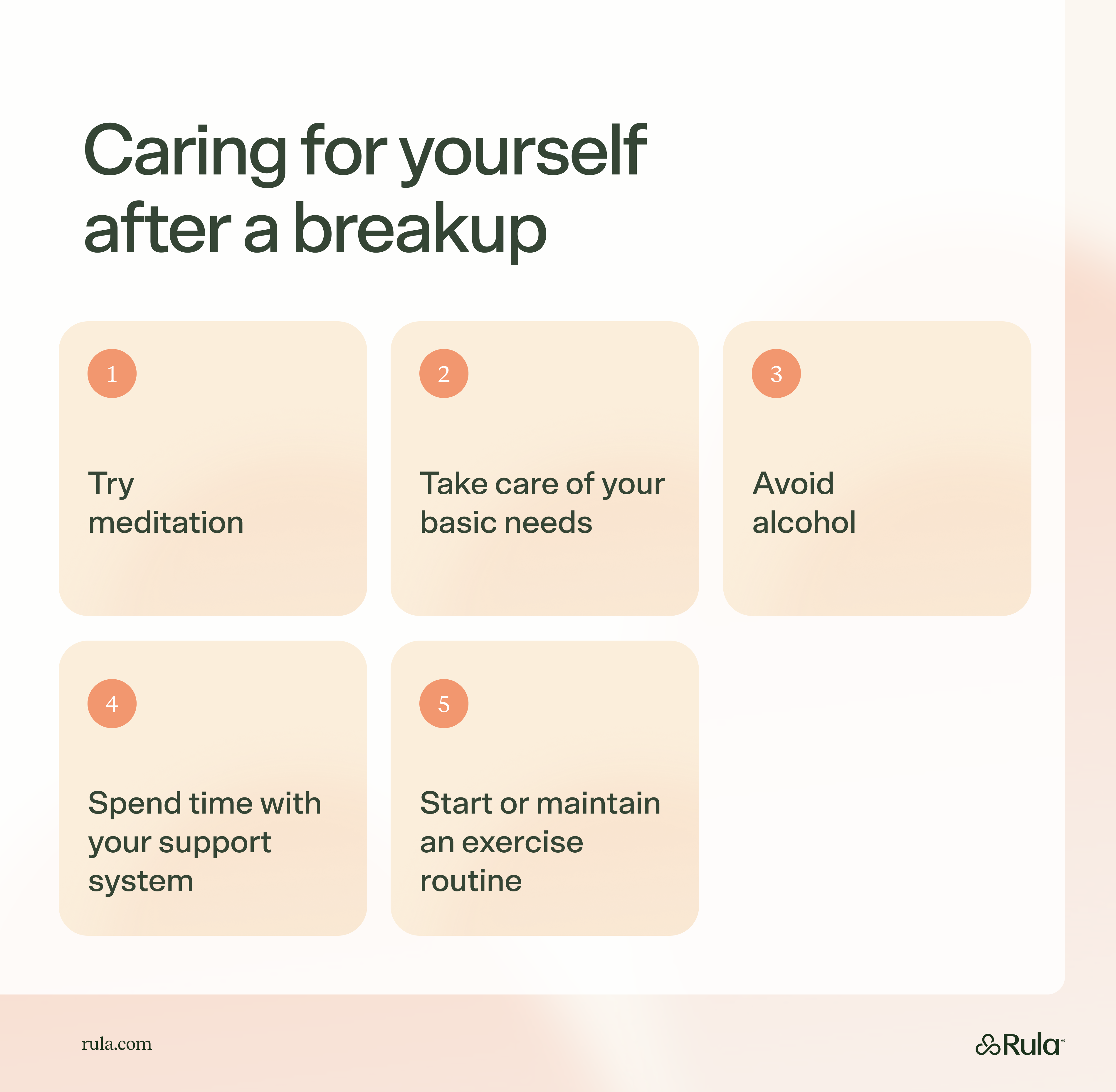 Caring for Yourself After a Breakup Rula's top 5 things to do to care for yourself after a breakup.